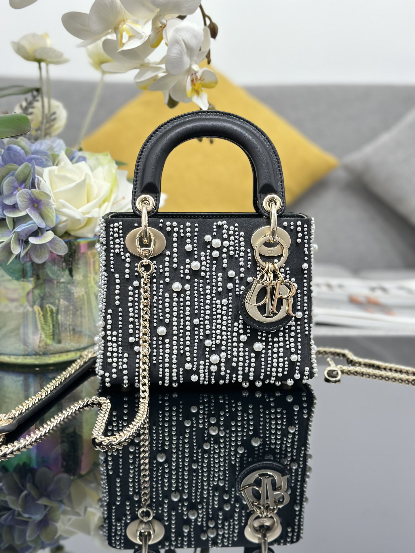 Bagsaaa Mini Lady D10r Bag Black Satin Embroidered with White Resin Pearls - 17 x 15 x 7 cm