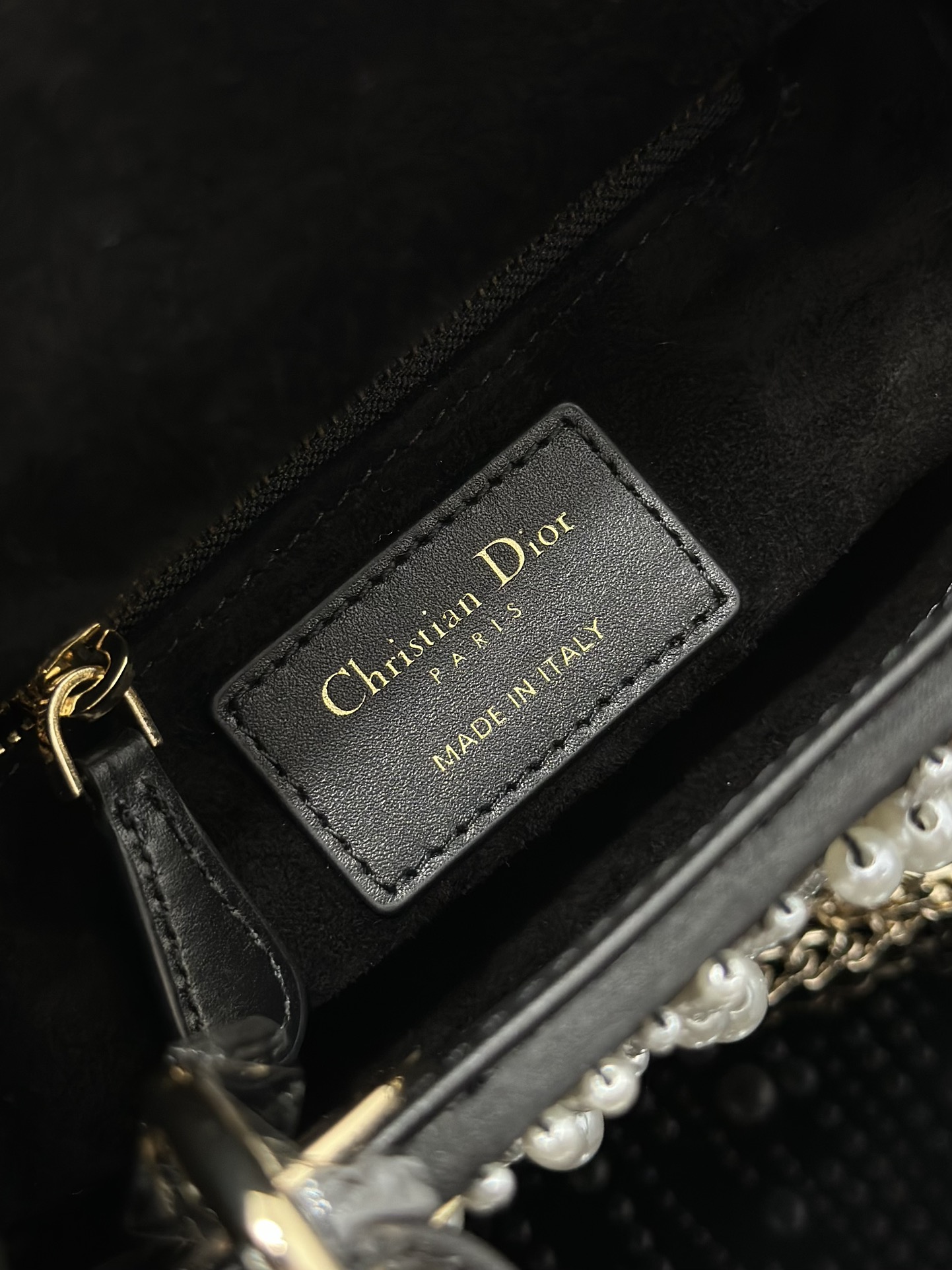 Bagsaaa Mini Lady D10r Bag Black Satin Embroidered with White Resin Pearls - 17 x 15 x 7 cm