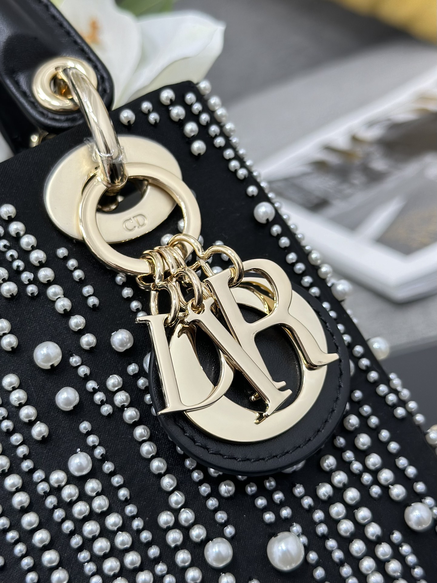 Bagsaaa Mini Lady D10r Bag Black Satin Embroidered with White Resin Pearls - 17 x 15 x 7 cm