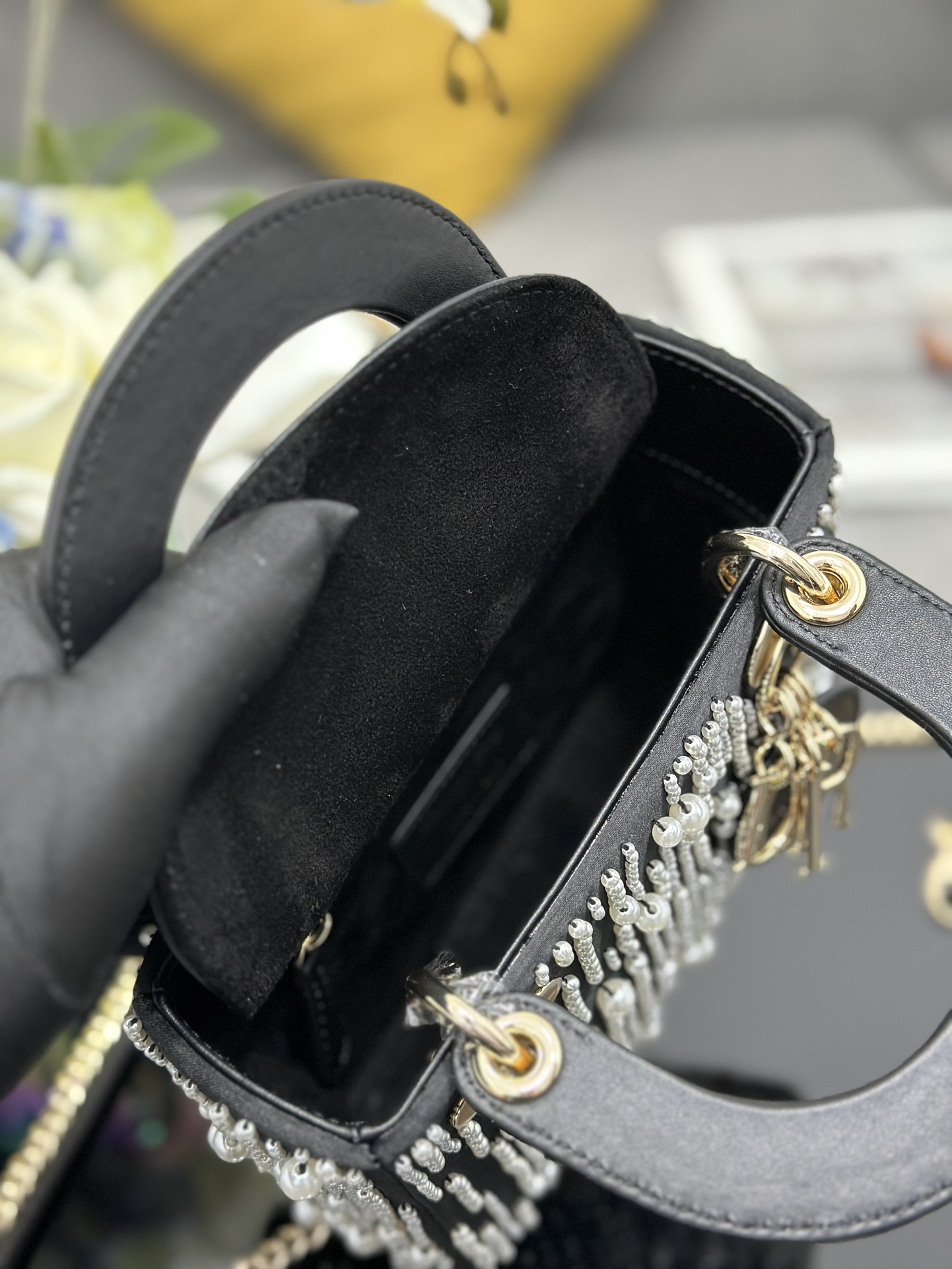 Bagsaaa Mini Lady D10r Bag Black Satin Embroidered with White Resin Pearls - 17 x 15 x 7 cm
