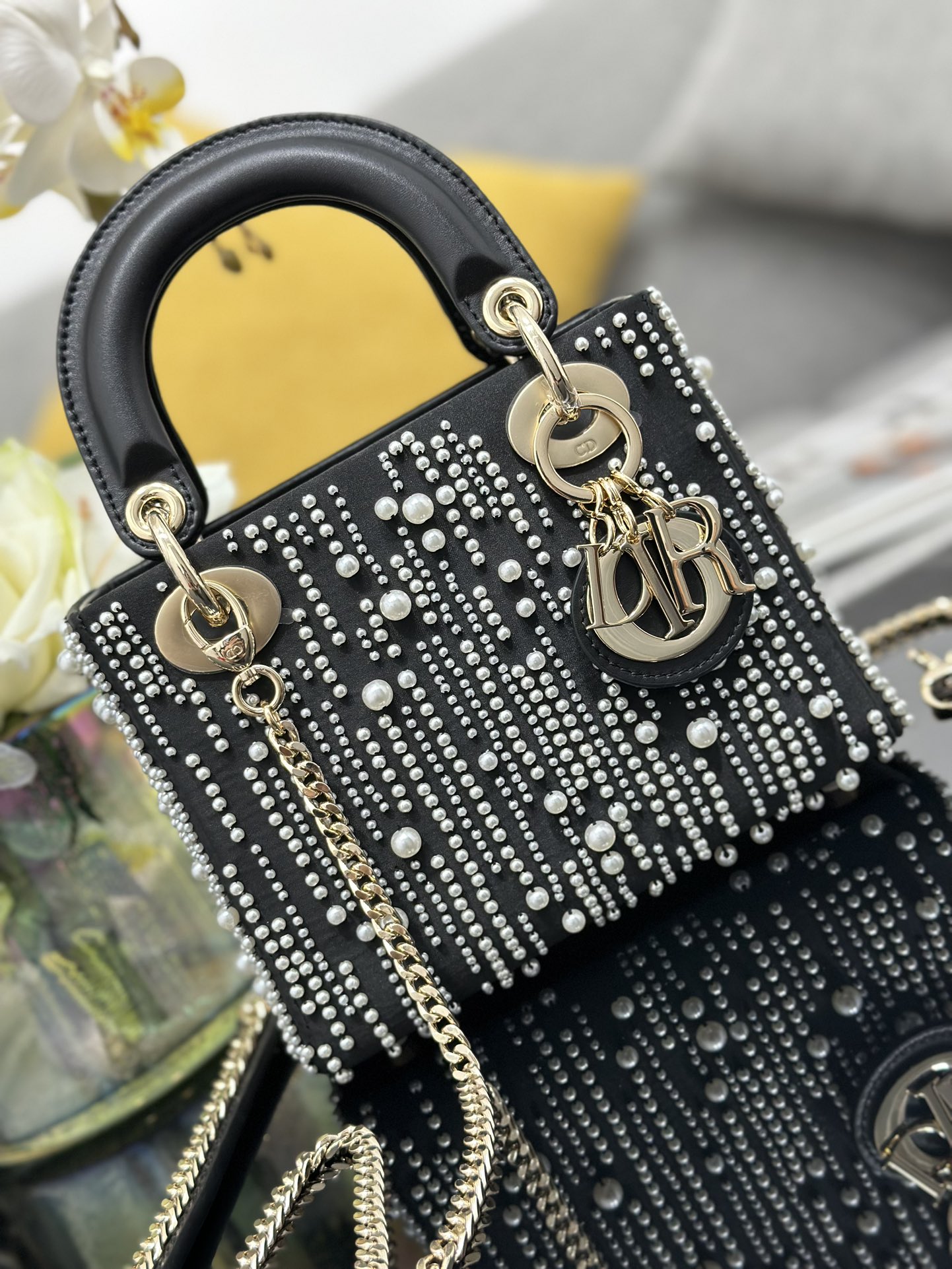 Bagsaaa Mini Lady D10r Bag Black Satin Embroidered with White Resin Pearls - 17 x 15 x 7 cm