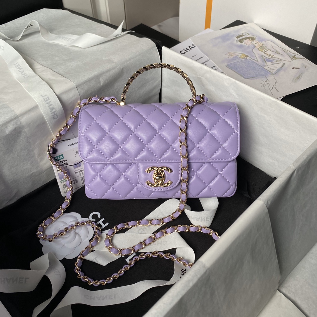 Bagsaaa Ch**el Mini Flap Bag With Top Handle AS4924 Light Purple - 12 × 20 × 6 cm