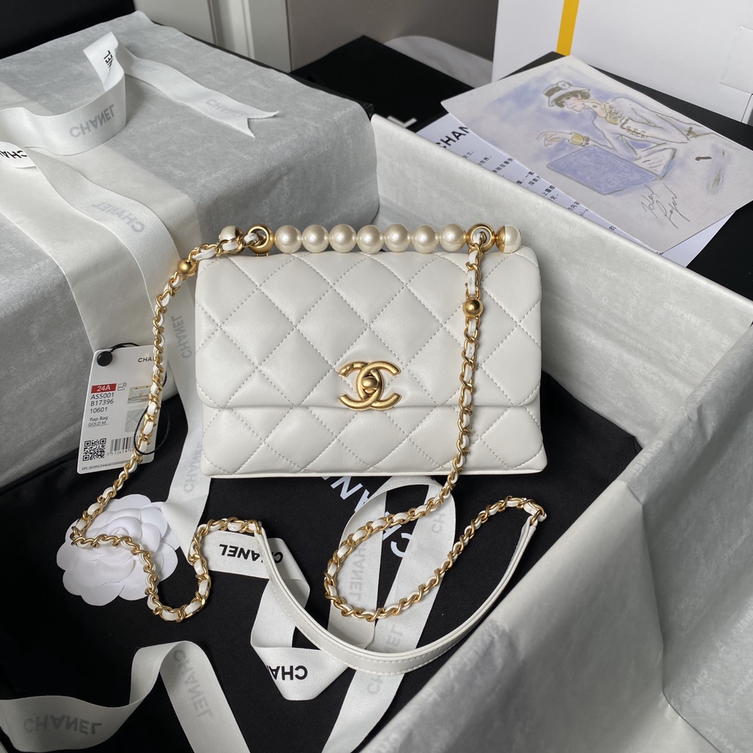 Bagsaaa Ch**el Mini Flap Bag With Top Handle AS5001 White - 13 × 19 × 7 cm