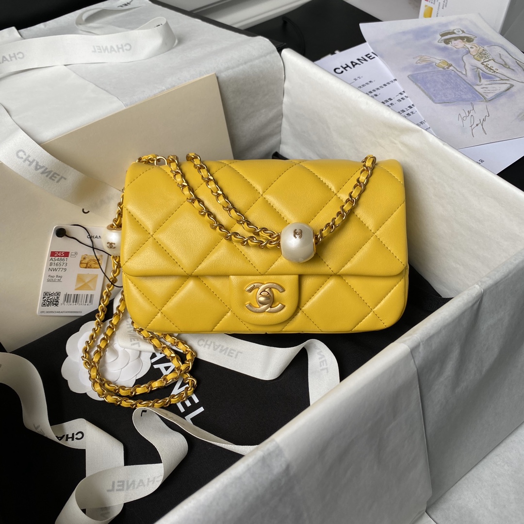Bagsaaa Ch**el Small Flap Bag AS4861 Yellow - 13 × 20.5 × 6.5 cm