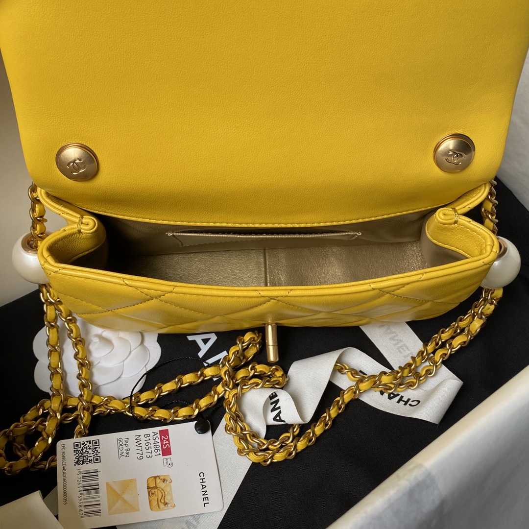 Bagsaaa Ch**el Small Flap Bag AS4861 Yellow - 13 × 20.5 × 6.5 cm