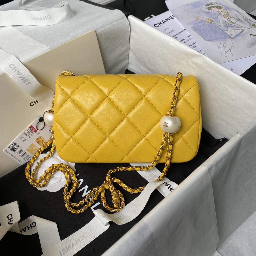 Bagsaaa Ch**el Small Flap Bag AS4861 Yellow - 13 × 20.5 × 6.5 cm