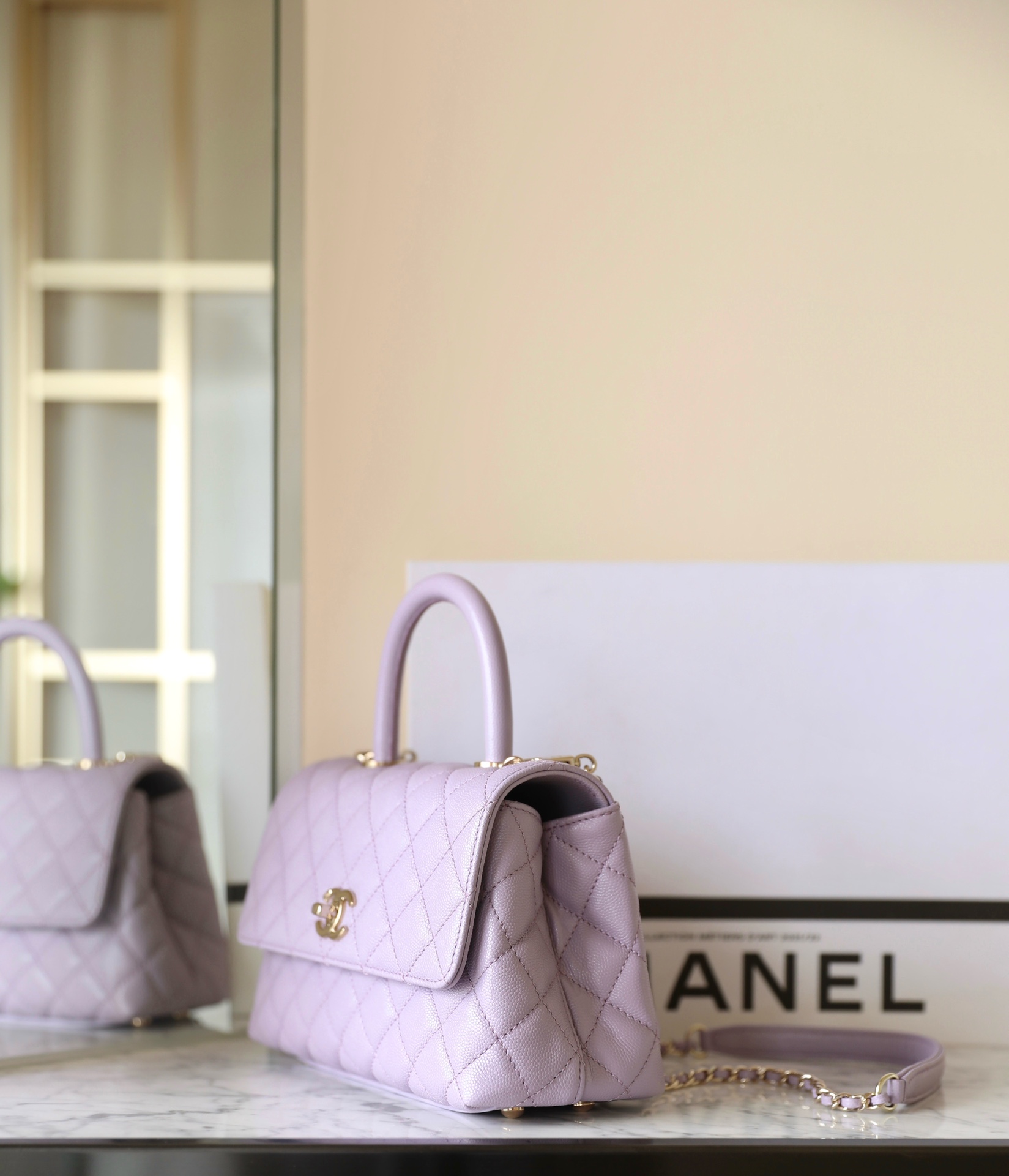 Bagsaaa Ch**el Coco Flap Bag With Top Handle Light Purple - 14 × 24 × 10 cm