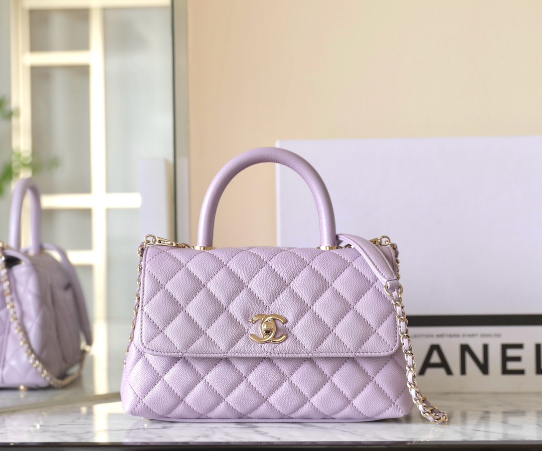 Bagsaaa Ch**el Coco Flap Bag With Top Handle Light Purple - 14 × 24 × 10 cm