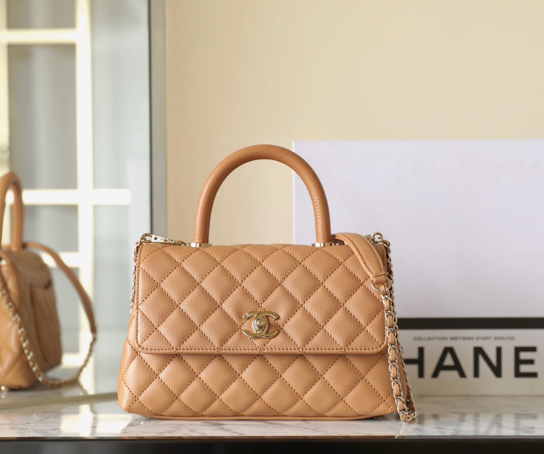 Bagsaaa Ch**el Coco Flap Bag With Top Handle Beige - 14 × 24 × 10 cm