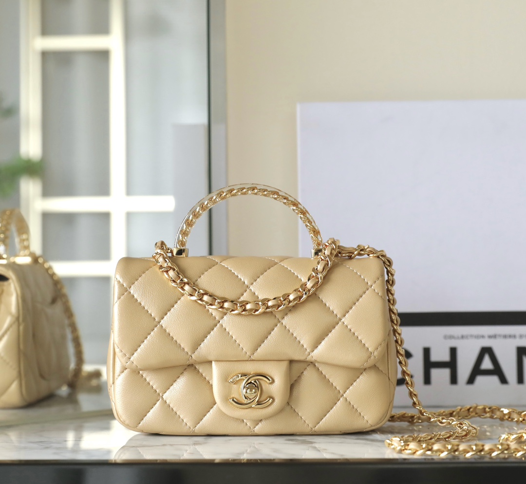Bagsaaa Ch**el Mini Flap Bag With Top Handle AS4847 Beige - 12 × 19 × 6 cm