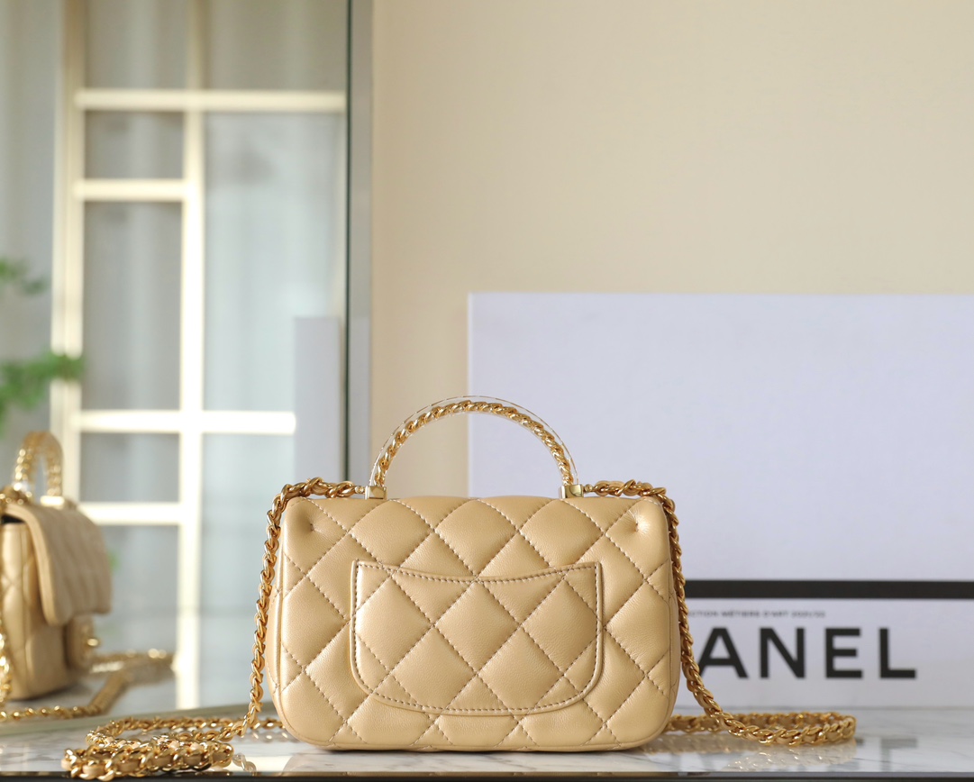 Bagsaaa Ch**el Mini Flap Bag With Top Handle AS4847 Beige - 12 × 19 × 6 cm