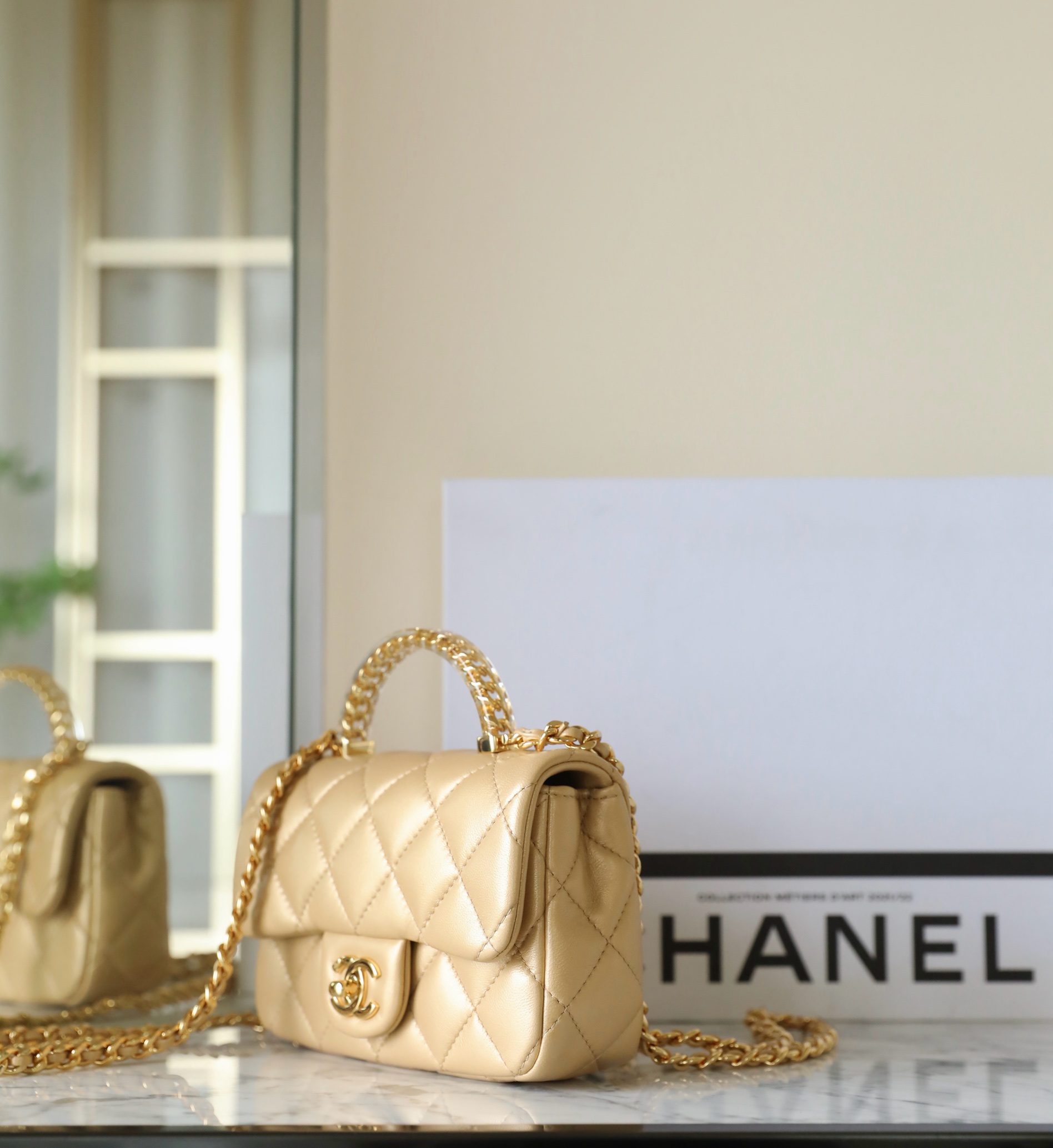 Bagsaaa Ch**el Mini Flap Bag With Top Handle AS4847 Beige - 12 × 19 × 6 cm