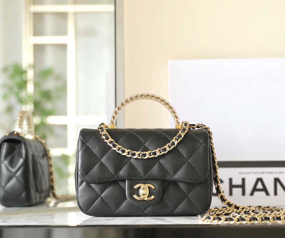 Bagsaaa Ch**el Mini Flap Bag With Top Handle AS4847 Black - 12 × 19 × 6 cm