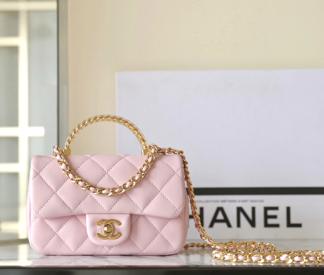 Bagsaaa Ch**el Mini Flap Bag With Top Handle AS4847 Pink - 12 × 19 × 6 cm