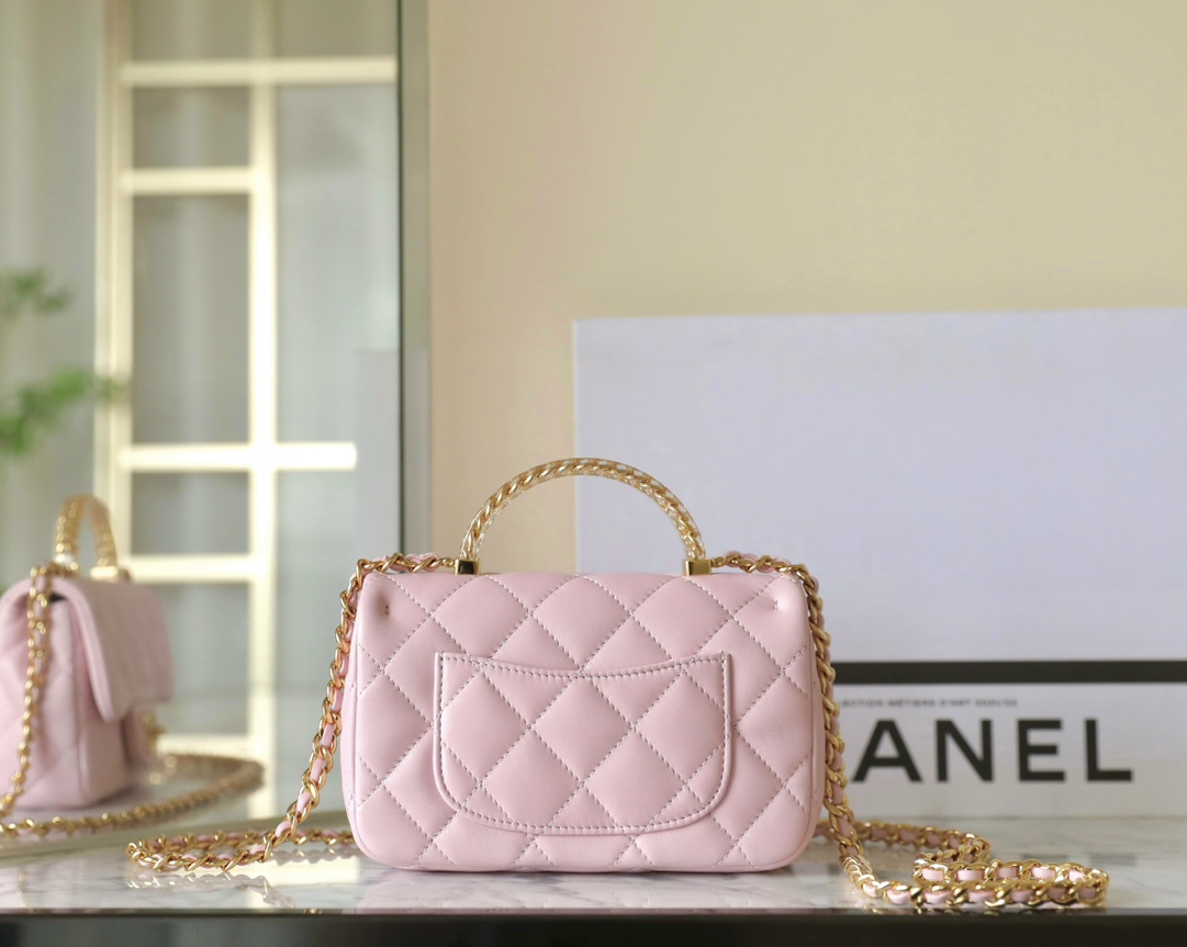 Bagsaaa Ch**el Mini Flap Bag With Top Handle AS4847 Pink - 12 × 19 × 6 cm