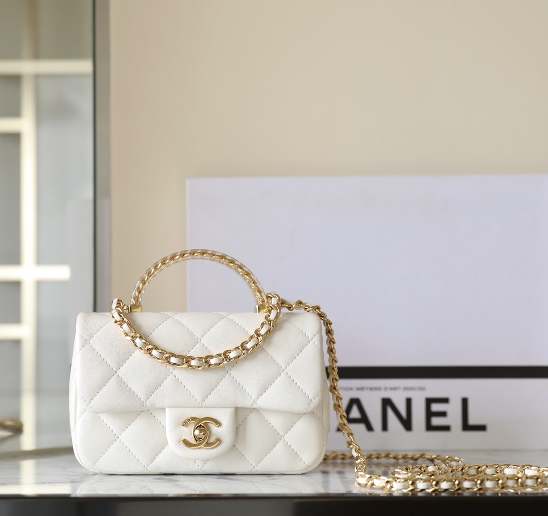 Bagsaaa Ch**el Mini Flap Bag With Top Handle AS4847 White - 12 × 19 × 6 cm