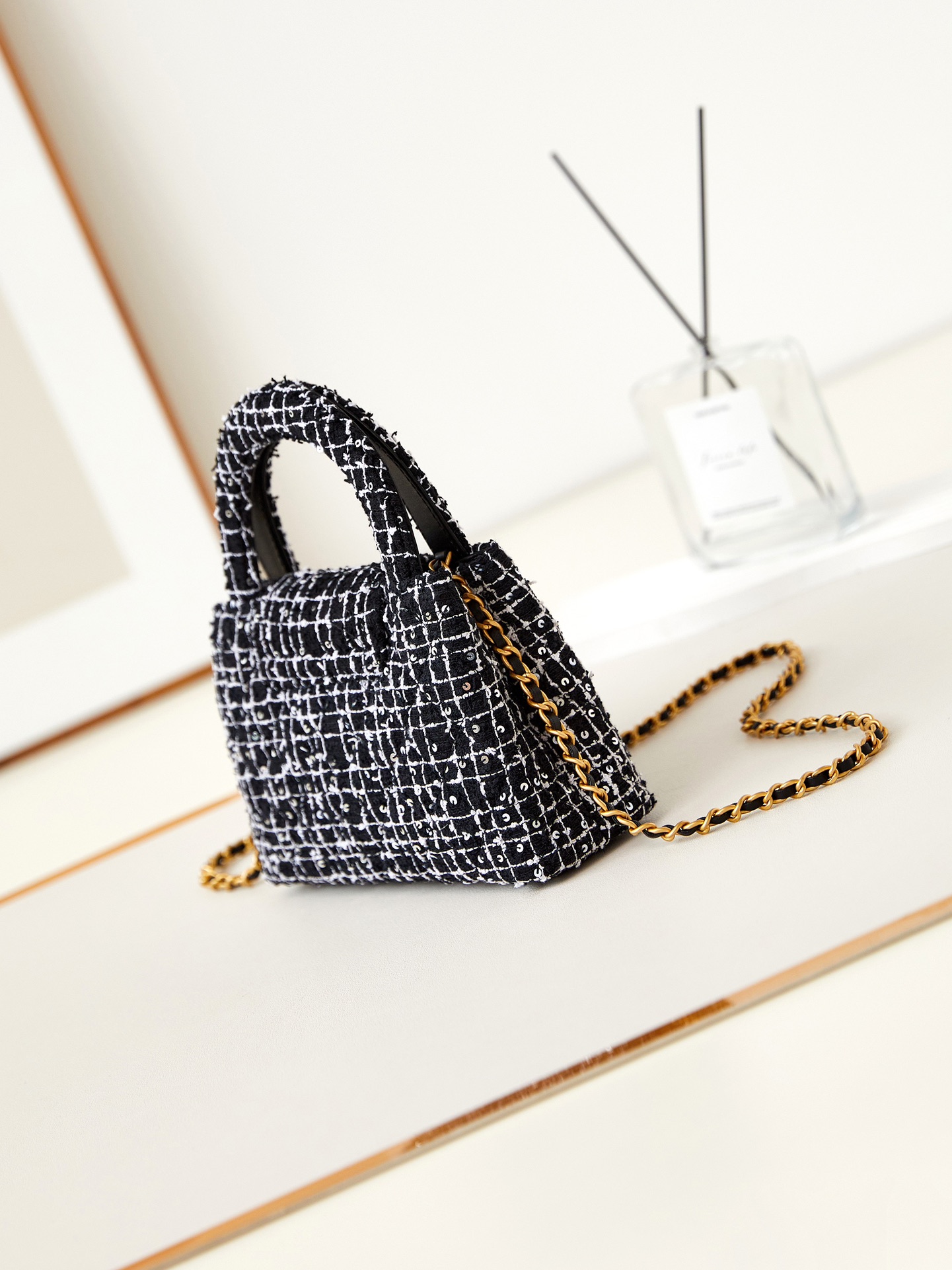 Bagsaaa Ch**el Kelly Mini Shopping Bag Tweed Black & White - 19x13x7 cm