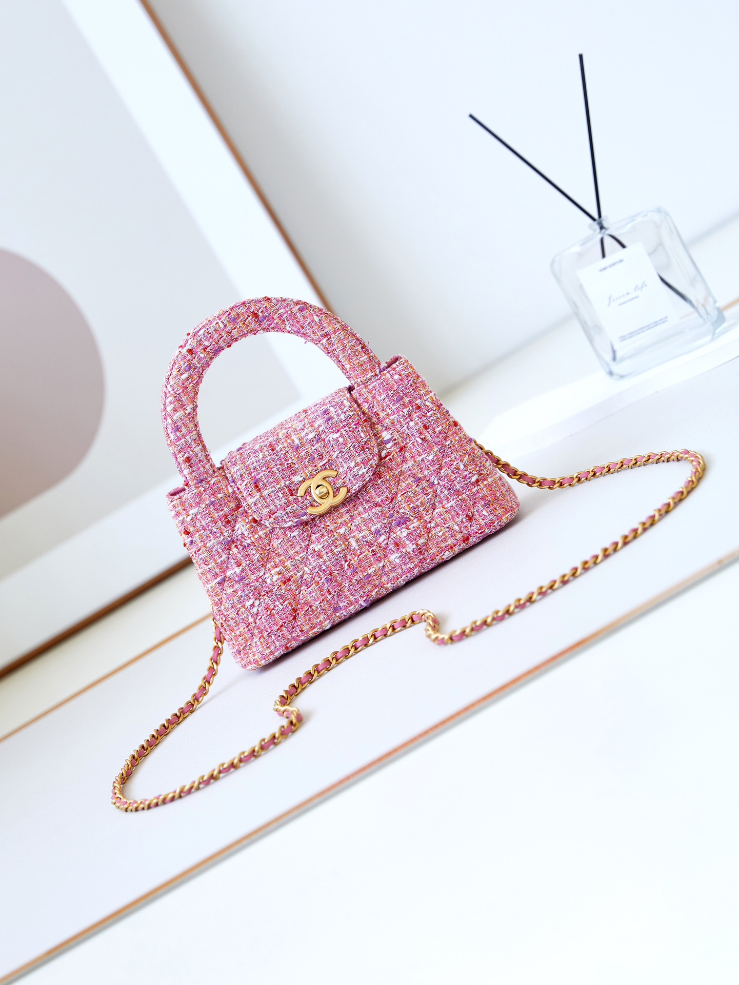 Bagsaaa Ch**el Kelly Mini Shopping Bag AS4416 Pink Tweed - 19x13x7 cm