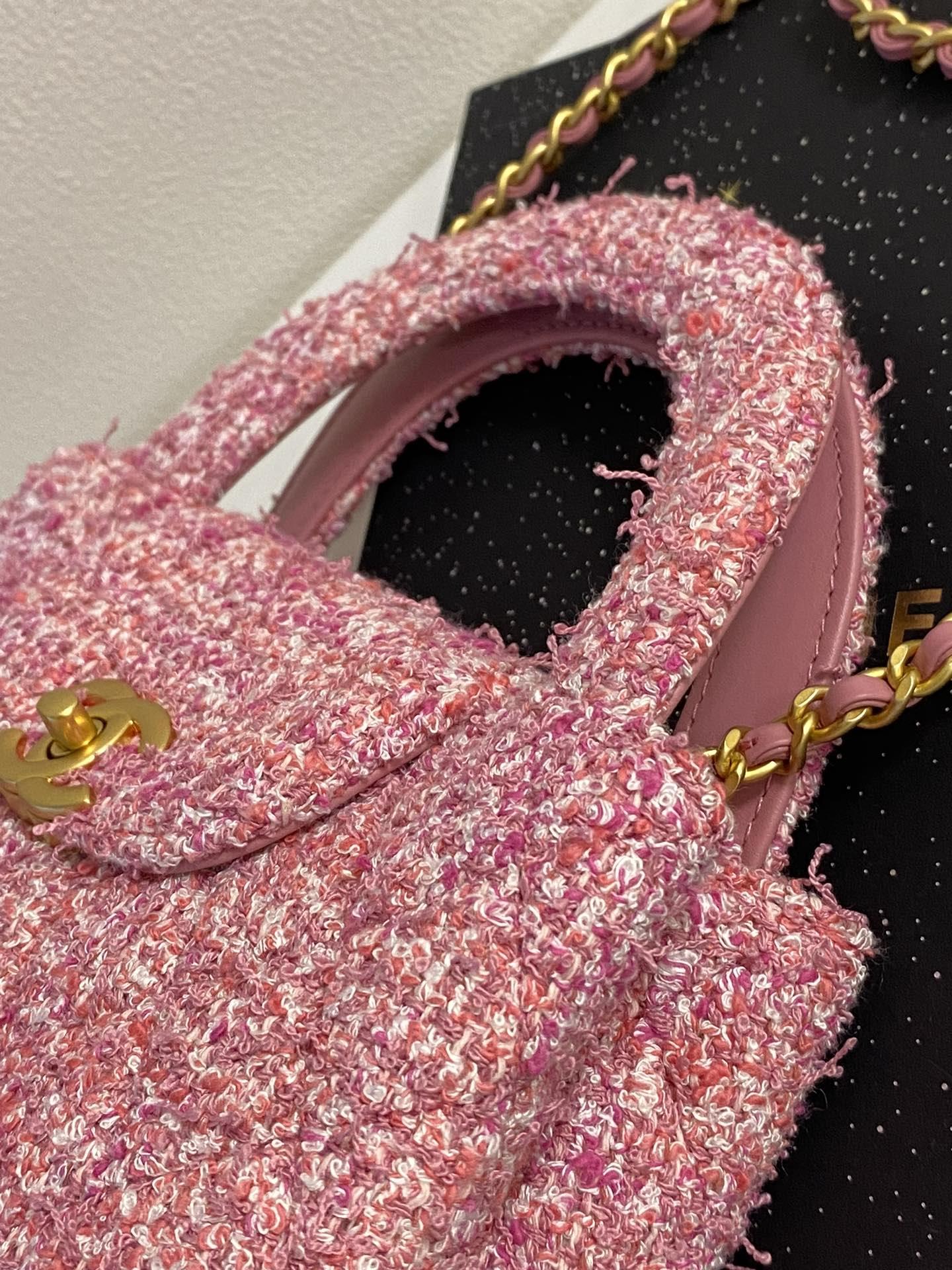 Bagsaaa Ch**el Kelly Mini Shopping Bag AS4416 Pink Tweed - 19x13x7 cm