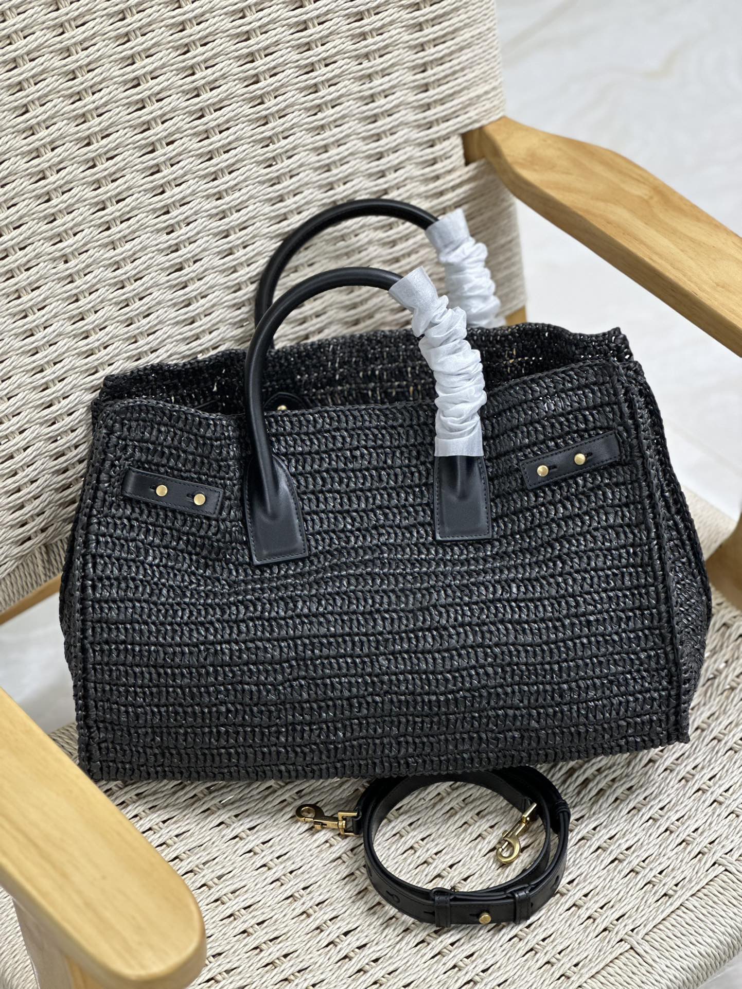 Bagsaaa Y51 Sac De Jour Medium S*pple In Raffia 751499 Black - 41 X 28 X 13 CM