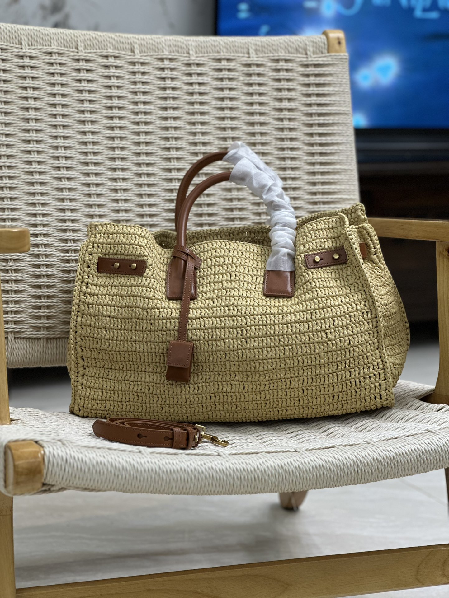 Bagsaaa Y51 Sac De Jour Medium S*pple In Raffia 751499 Natural And Brick - 41 X 28 X 13 CM