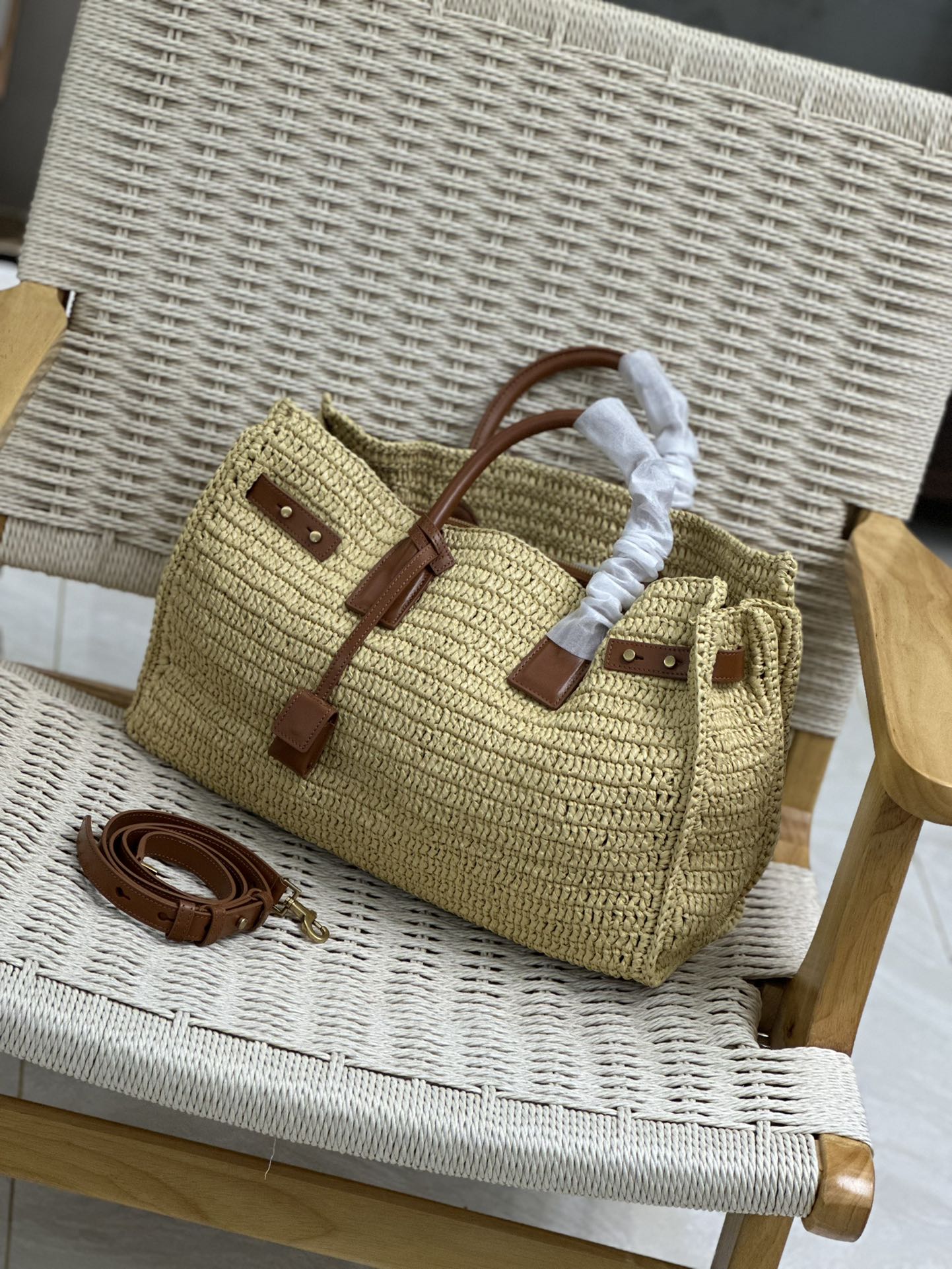 Bagsaaa Y51 Sac De Jour Medium S*pple In Raffia 751499 Natural And Brick - 41 X 28 X 13 CM