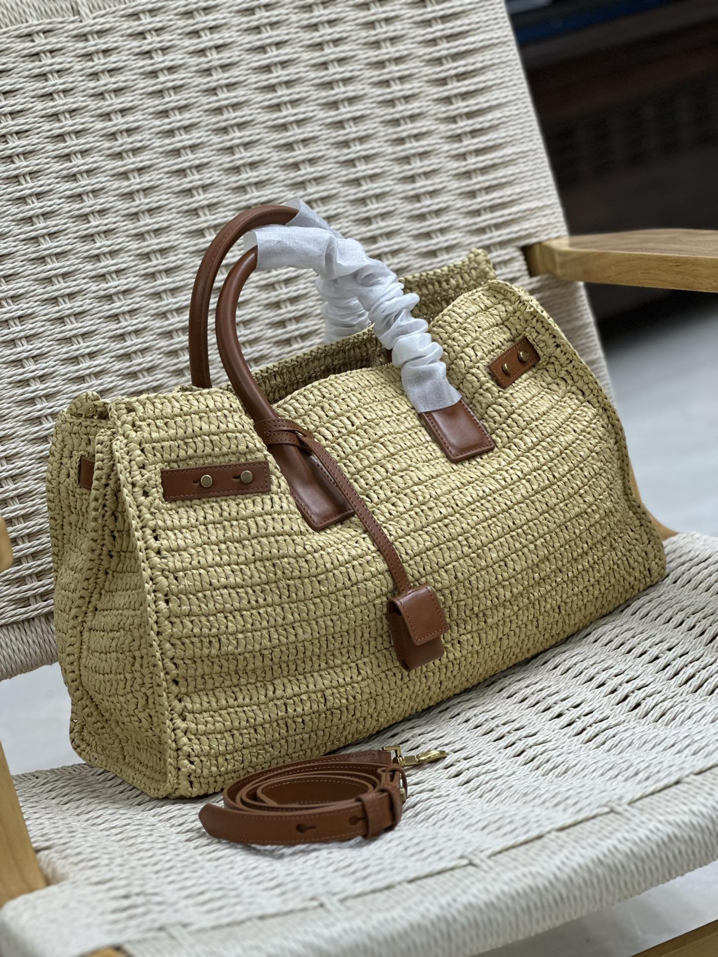 Bagsaaa Y51 Sac De Jour Medium S*pple In Raffia 751499 Natural And Brick - 41 X 28 X 13 CM