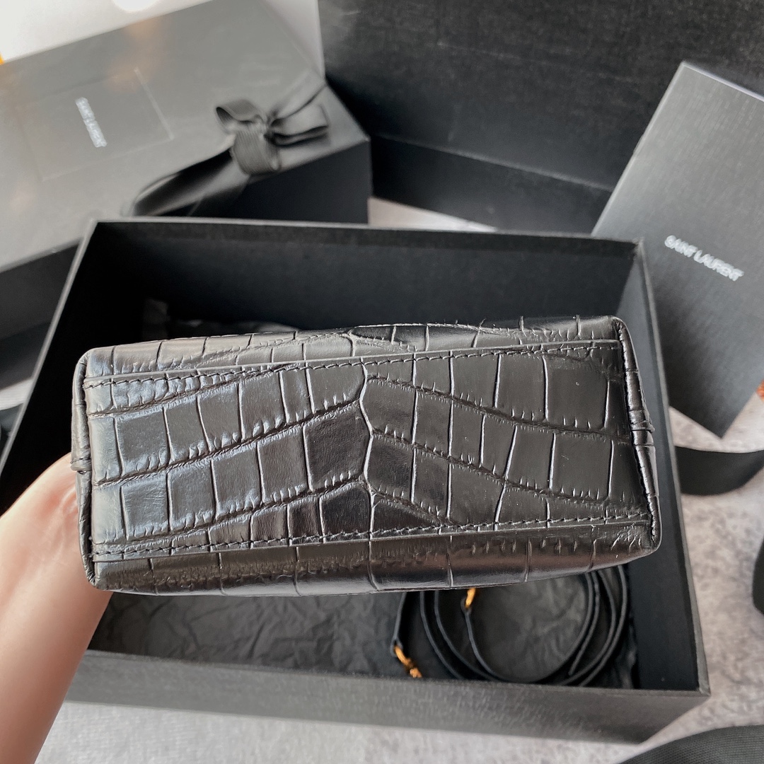 Bagsaaa Y51 Mini Toy Shopping Sa1nt Lau*nt In Crocodile-Embossed Leather 712367 Black - 18 X 17 X 8 CM