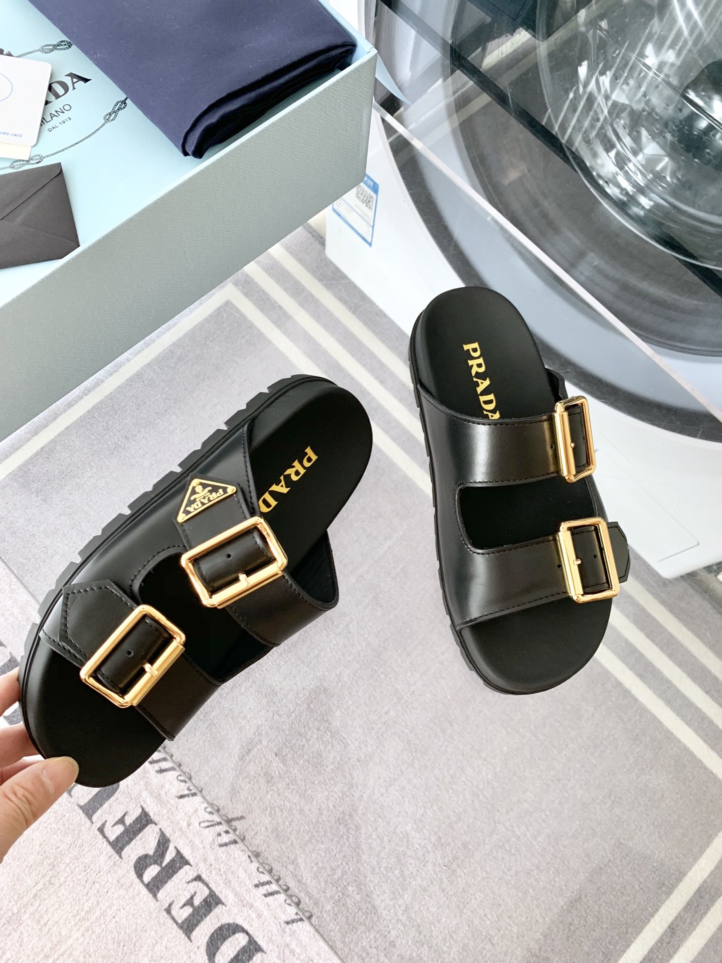 Bagsaaa Pra*a Leather Strap Slides Black