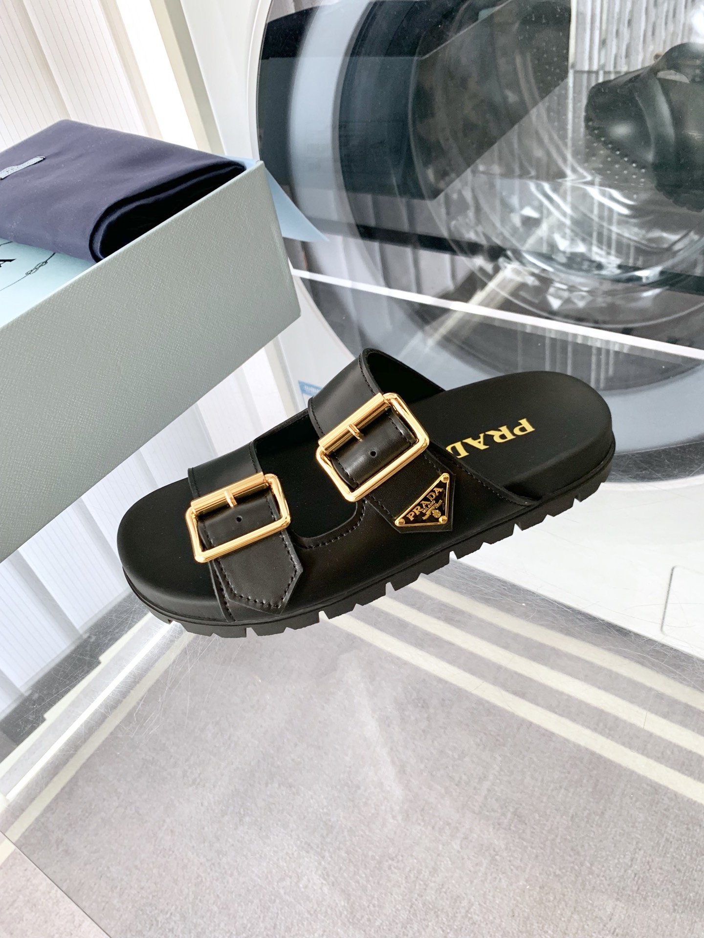 Bagsaaa Pra*a Leather Strap Slides Black