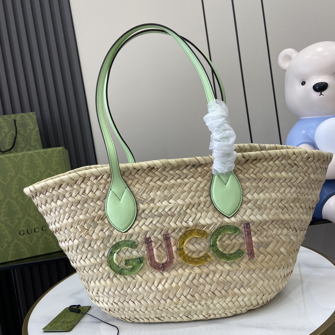 Bagsaaa Gvc*1 Small Straw Tote With Gvc*1 Logo ‎779524 Pale Green - 26 x 22.5 x 18 cm