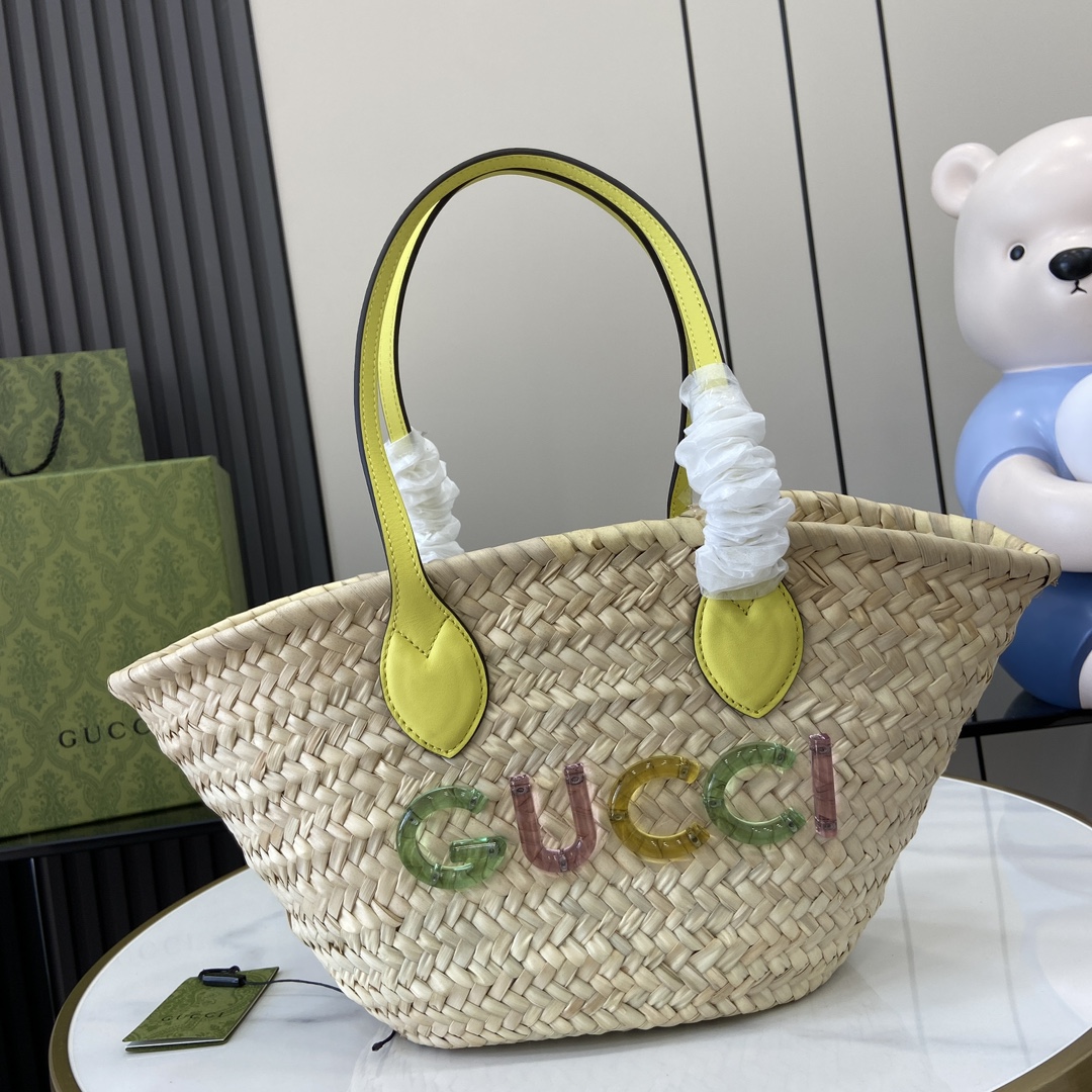 Bagsaaa Gvc*1 Mini Straw Tote With Gvc*1 Logo 782381 Yellow - 20.5 x 19.5 x 13 cm