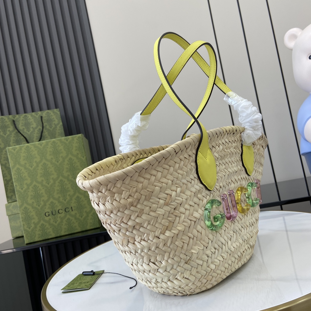 Bagsaaa Gvc*1 Mini Straw Tote With Gvc*1 Logo 782381 Yellow - 20.5 x 19.5 x 13 cm