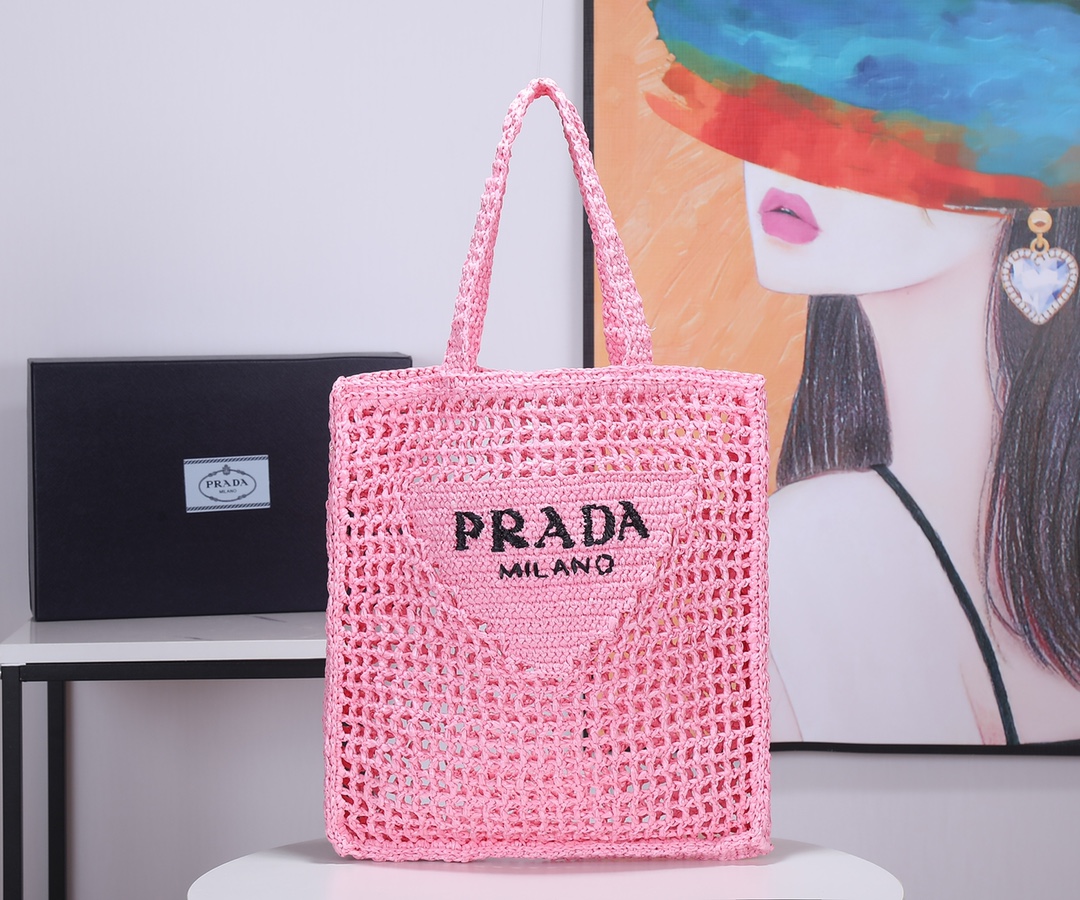 Bagsaaa Pra*a Crochet Tote Bag 1BG393 Pink - 38x36x3 cm