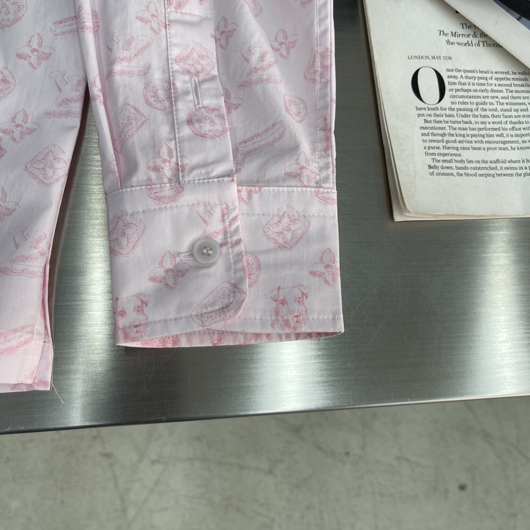 Bagsaaa LV Monogram Printed Long-Sleeved Cotton Shirt Pink