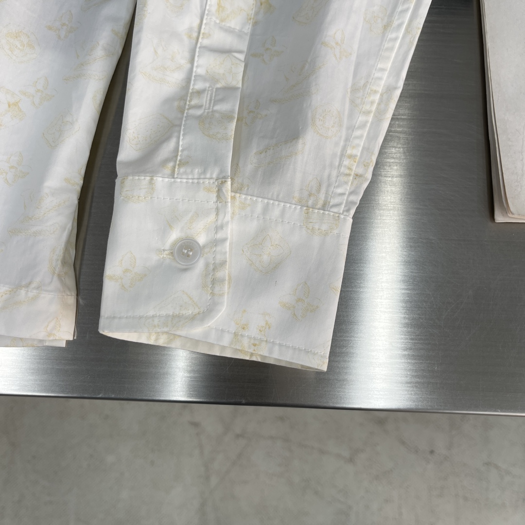 Bagsaaa LV Monogram Printed Long-Sleeved Cotton Shirt Cream