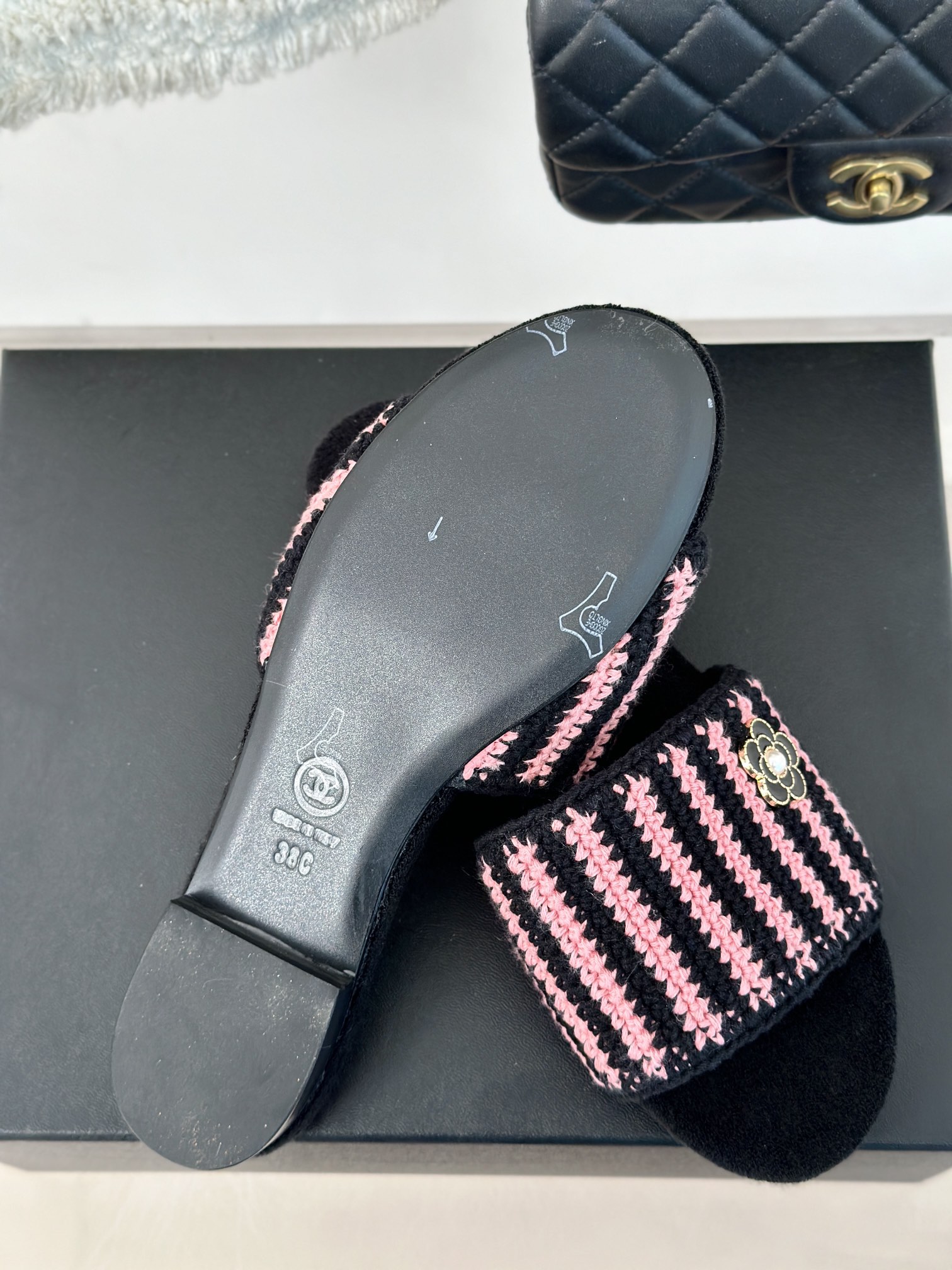 Bagsaaa Ch**el Mules Crochet Black & Pink G45597