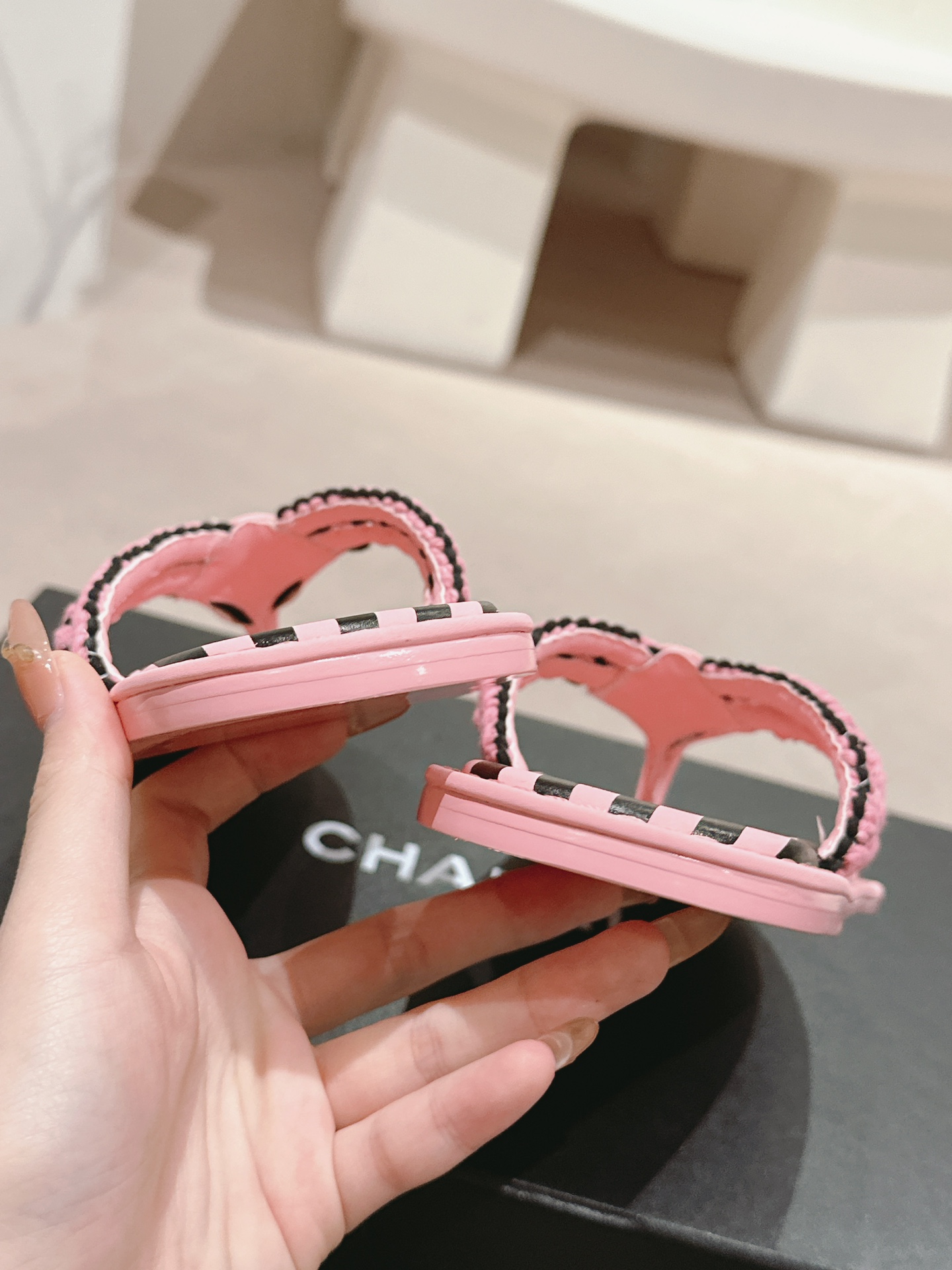 Bagsaaa Ch**el Thongs G45596 Black & Pink