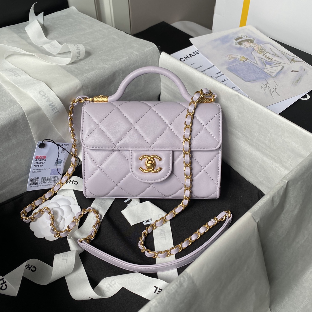 Bagsaaa Ch**el Mini Flap Bag With Top Handle AS4956 Light Purple Lambskin - 13 × 18 × 8 cm