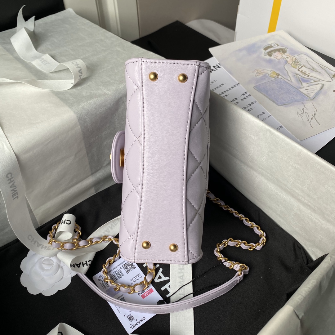 Bagsaaa Ch**el Mini Flap Bag With Top Handle AS4956 Light Purple Lambskin - 13 × 18 × 8 cm