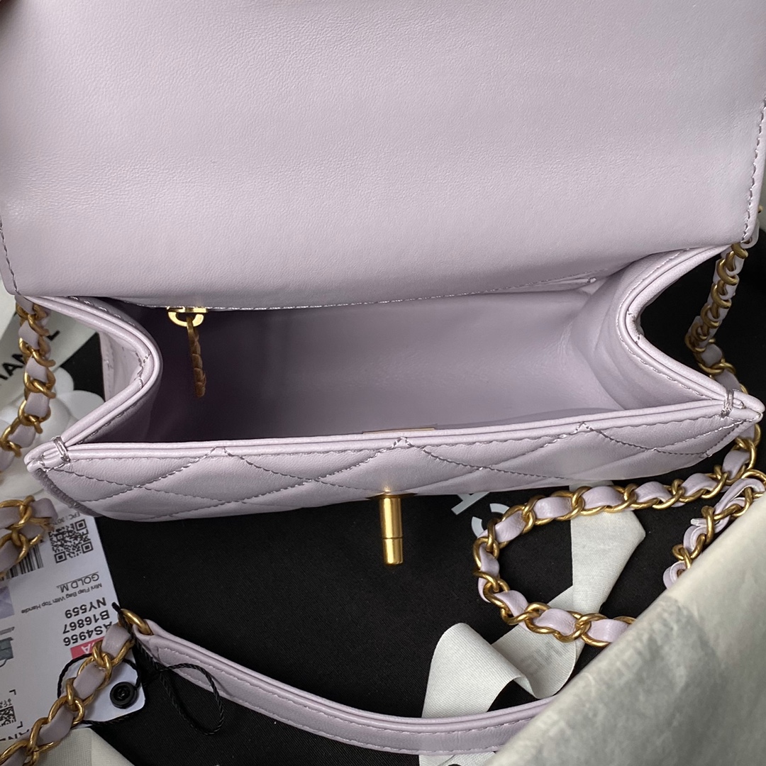 Bagsaaa Ch**el Mini Flap Bag With Top Handle AS4956 Light Purple Lambskin - 13 × 18 × 8 cm