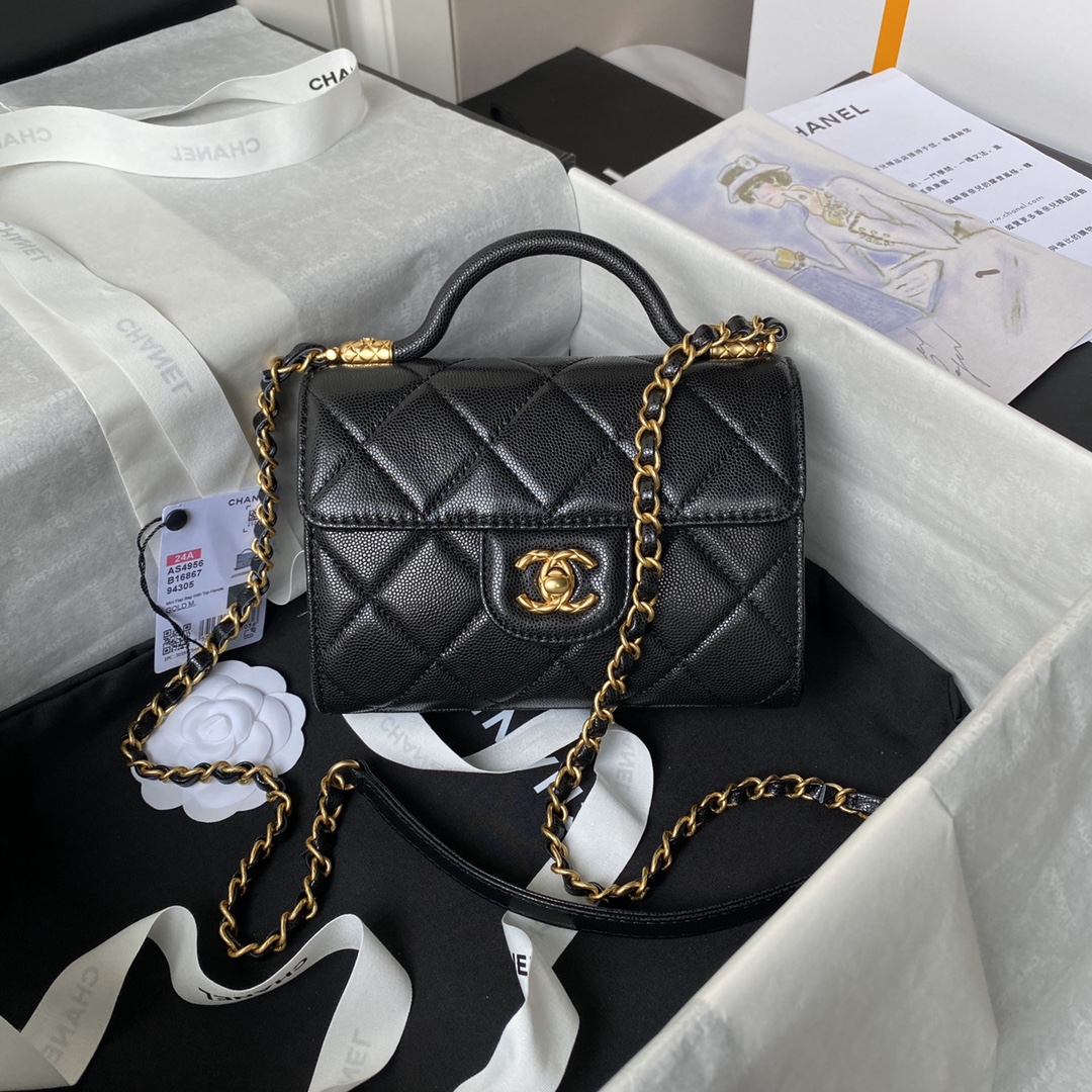 Bagsaaa Ch**el Mini Flap Bag With Top Handle AS4956 Black Caviar - 13 × 18 × 8 cm