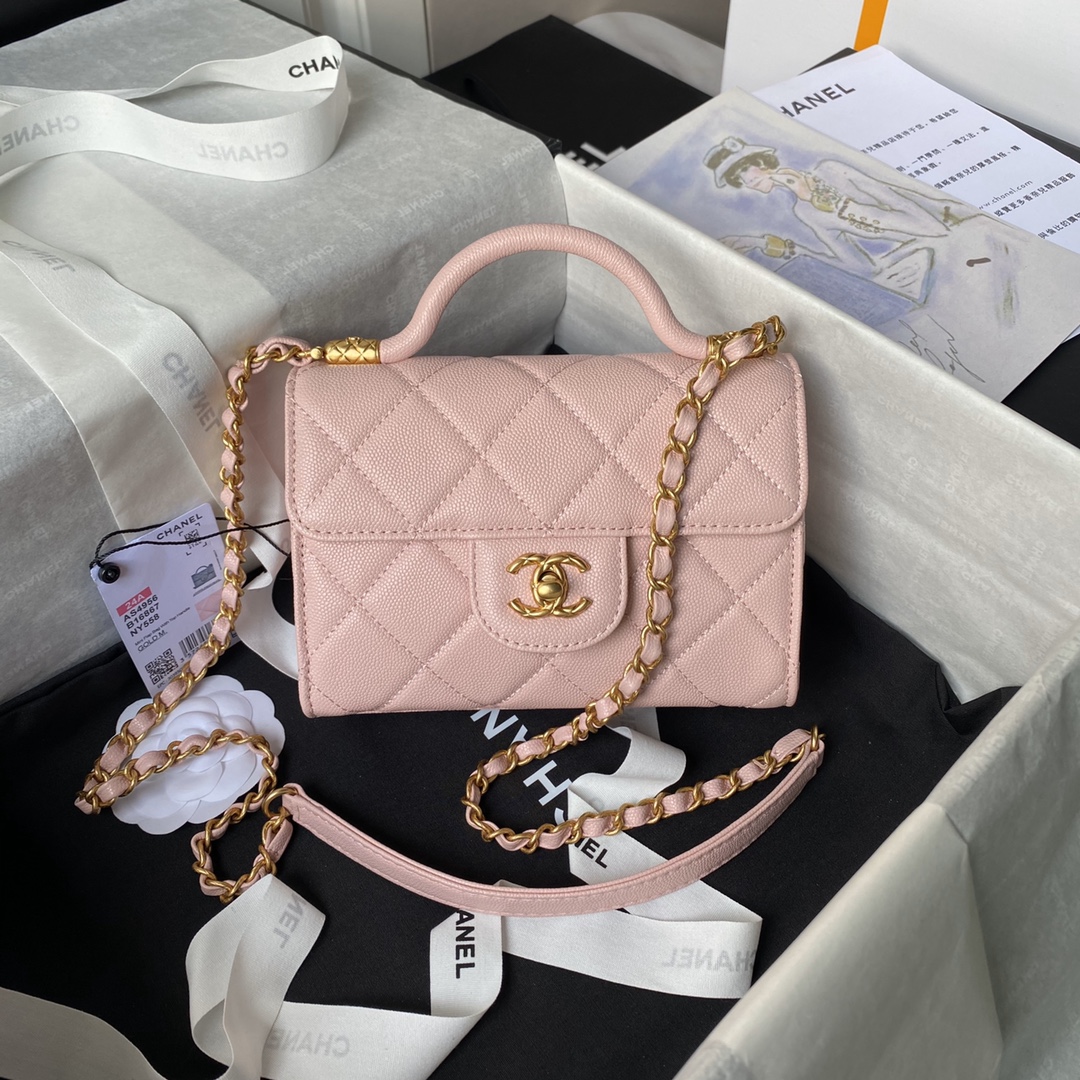 Bagsaaa Ch**el Mini Flap Bag With Top Handle AS4956 Pink Caviar - 13 × 18 × 8 cm