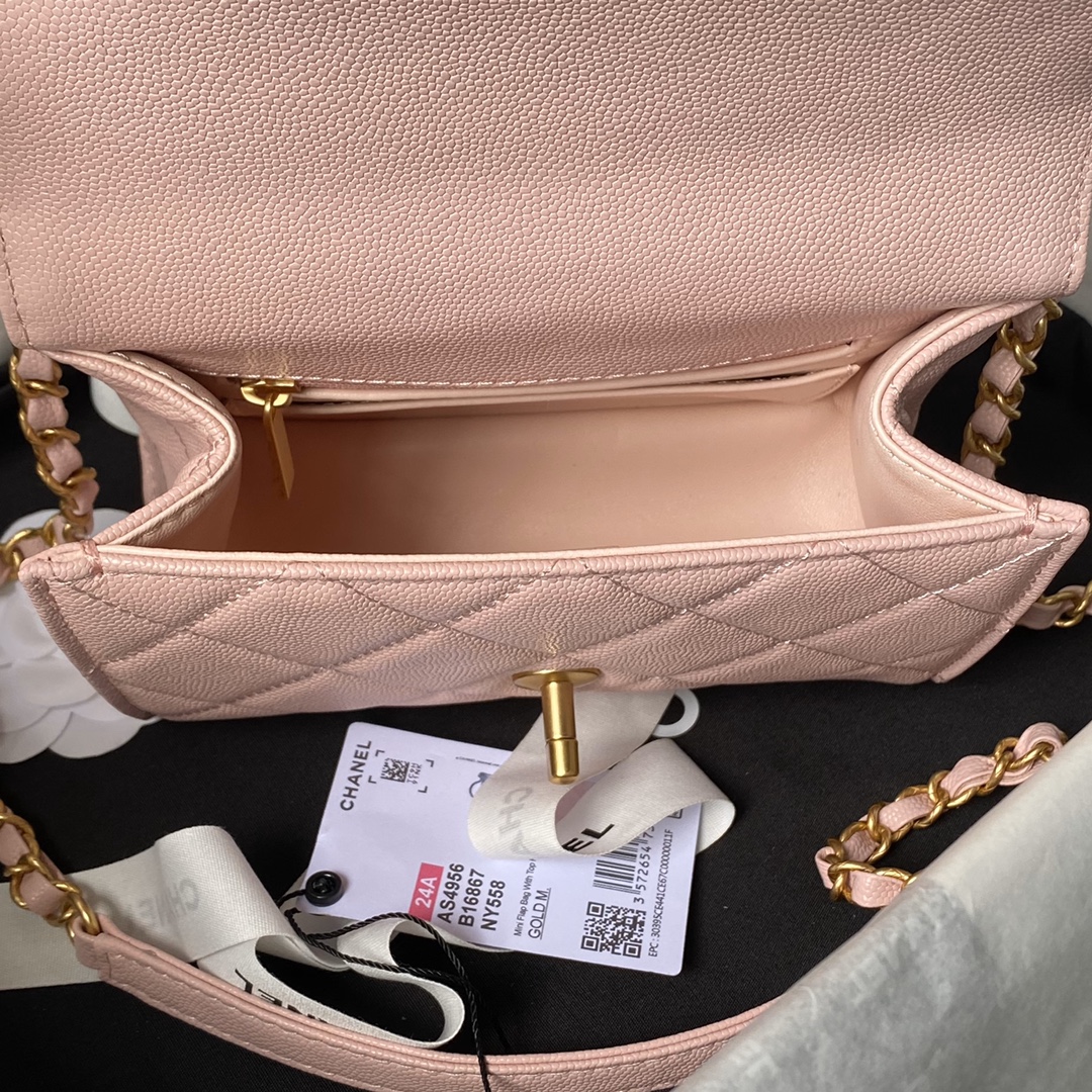Bagsaaa Ch**el Mini Flap Bag With Top Handle AS4956 Pink Caviar - 13 × 18 × 8 cm