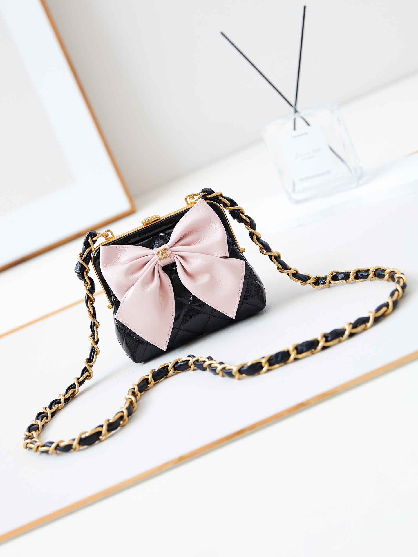 Bagsaaa Ch**el Clutch With Chain AP4028 Black & Pink - 12 × 13 × 4 cm