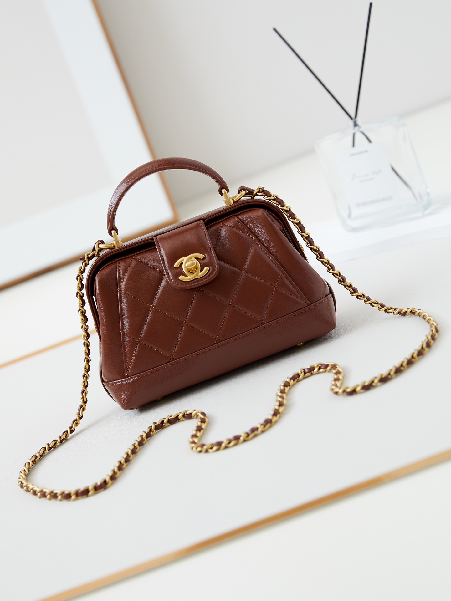 Bagsaaa Ch**el Mini Bag With Top Handle AS4958 Brown - 12 × 18 × 7 cm