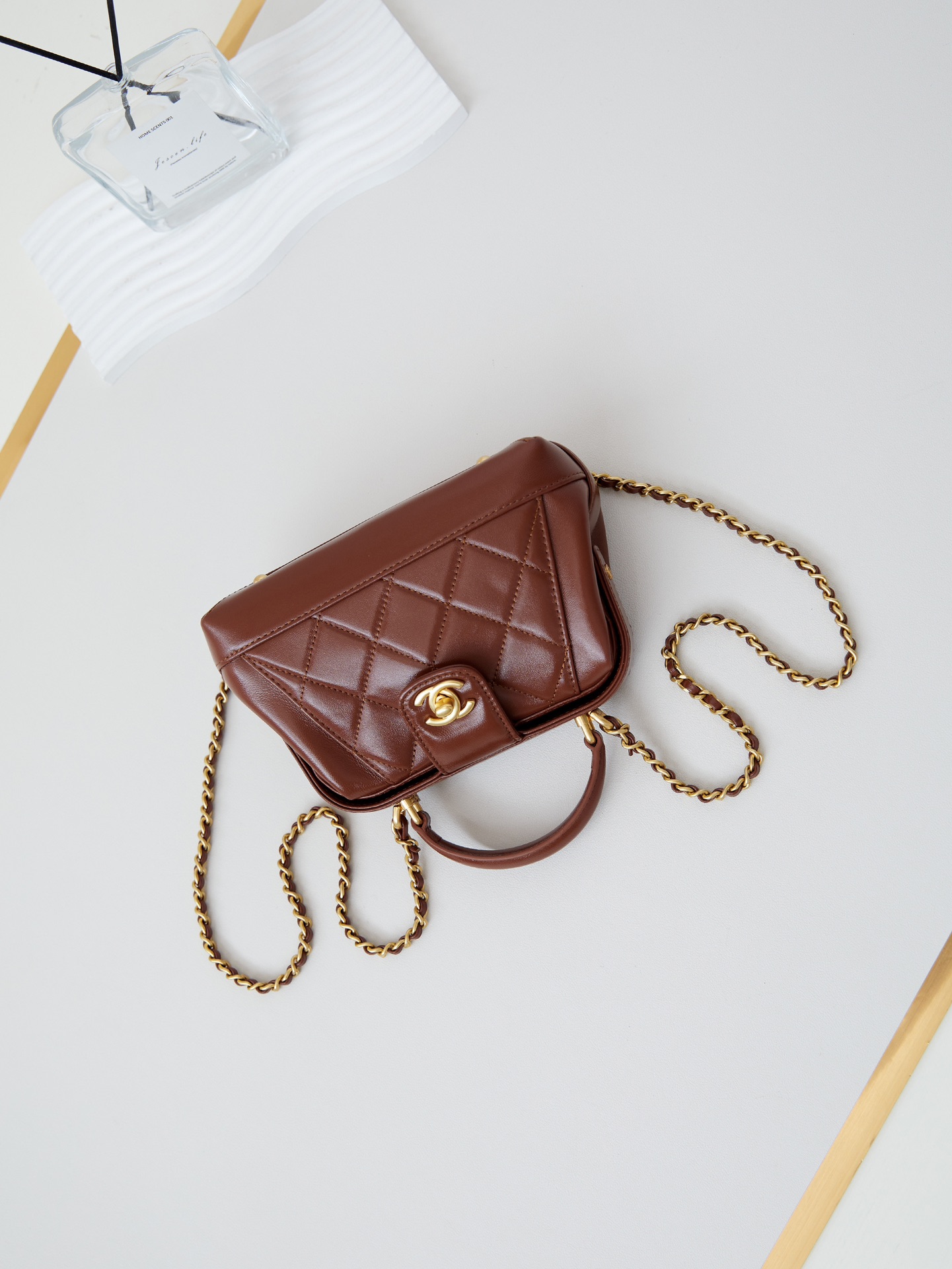 Bagsaaa Ch**el Mini Bag With Top Handle AS4958 Brown - 12 × 18 × 7 cm