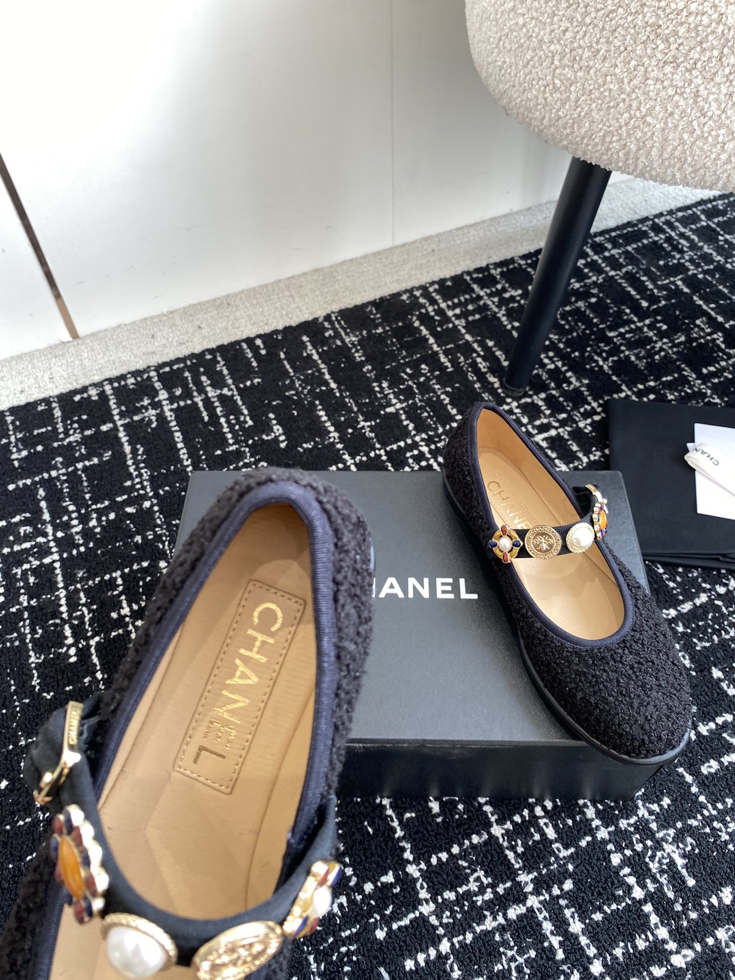 Bagsaaa Ch**el Mary Janes G45778 Black Wool Tweed