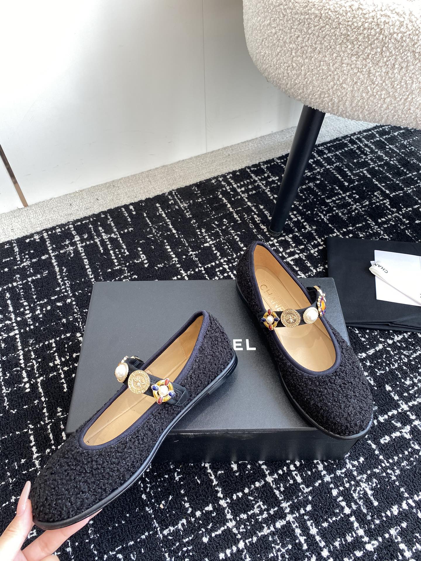 Bagsaaa Ch**el Mary Janes G45778 Black Wool Tweed