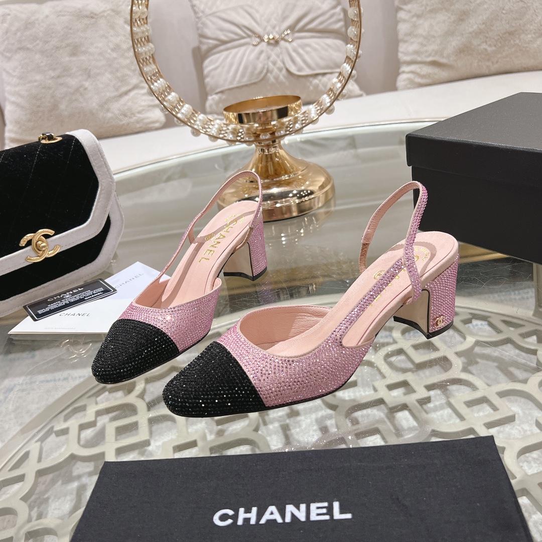 Bagsaaa Ch**el Slingbacks G31318 Strass Pink & Black 6.5 cm